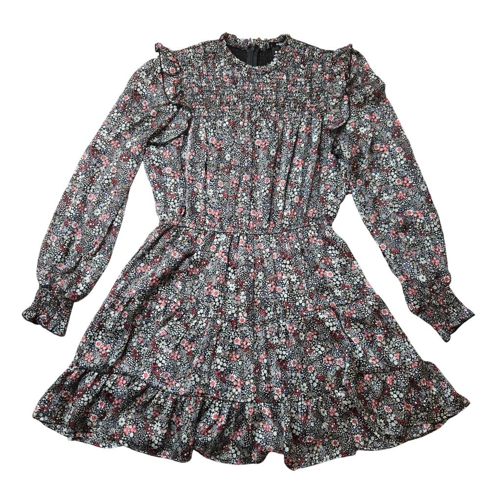 Aqua Long sleeve Floral Smoked Ruffled Party Cocktail Dress Berry Floral Medium
